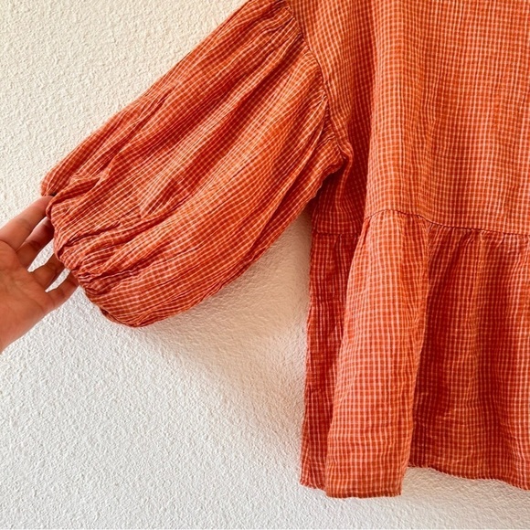 ON BLUE Women Small Boho Bell Sleeve Button Up Cottage Core Oversized Gingham - Picture 13 of 13